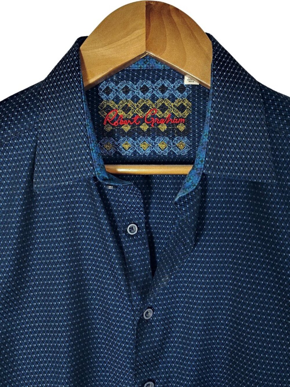 Robert Graham Mens Button Up Shirt Navy Blue Geometric Print Flip Cuffs Size XL - Picture 3 of 11